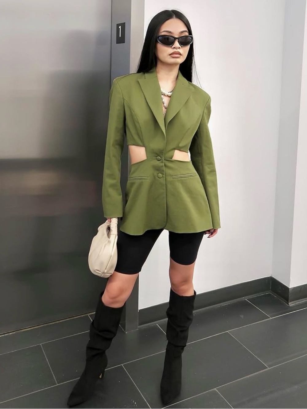 Cutout Waist Green Blazer